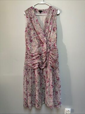 Ann Taylor Pink Floral Sleeveless Midi Wrap Dress with Ruched Detail
